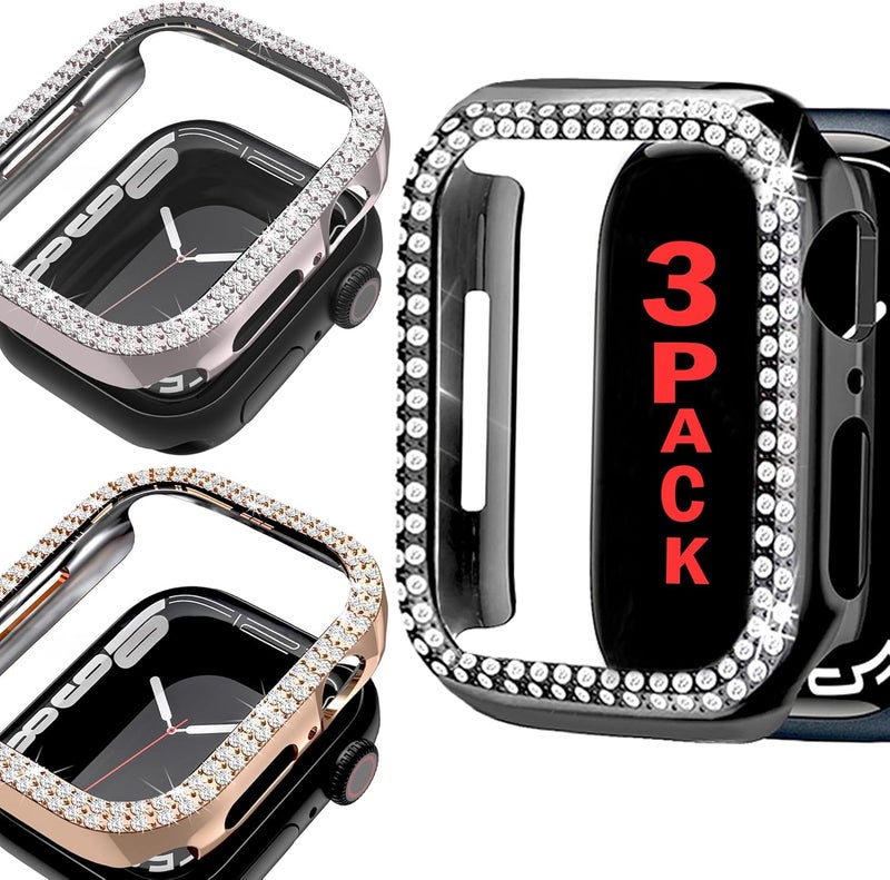 Lesampo Women Sparkly iWatch Screen Protector Case Compatible with Apple Watch Band 38mm 40mm 41mm 42mm 44mm 45mm 46mm Series,No_Glass Slim Bling Bumper (Black+Rose Golden+Starlight, 45 MM) - Image 1